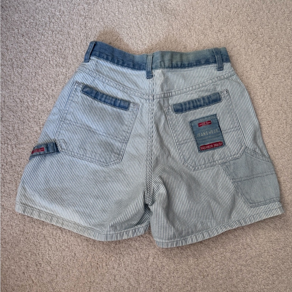Vintage Squeeze Jeans Striped Cargo High Waisted Shorts with Patch Accents